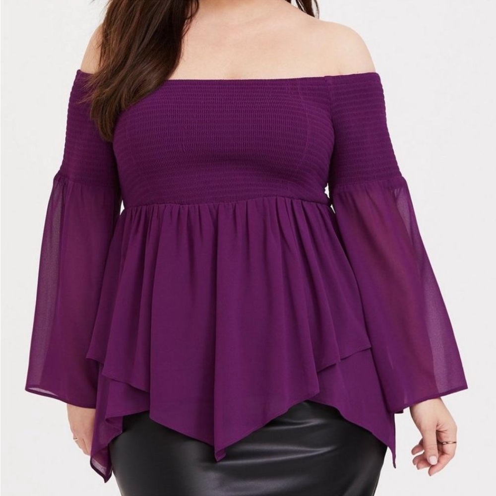 As purple chiffon off shoulder blouse